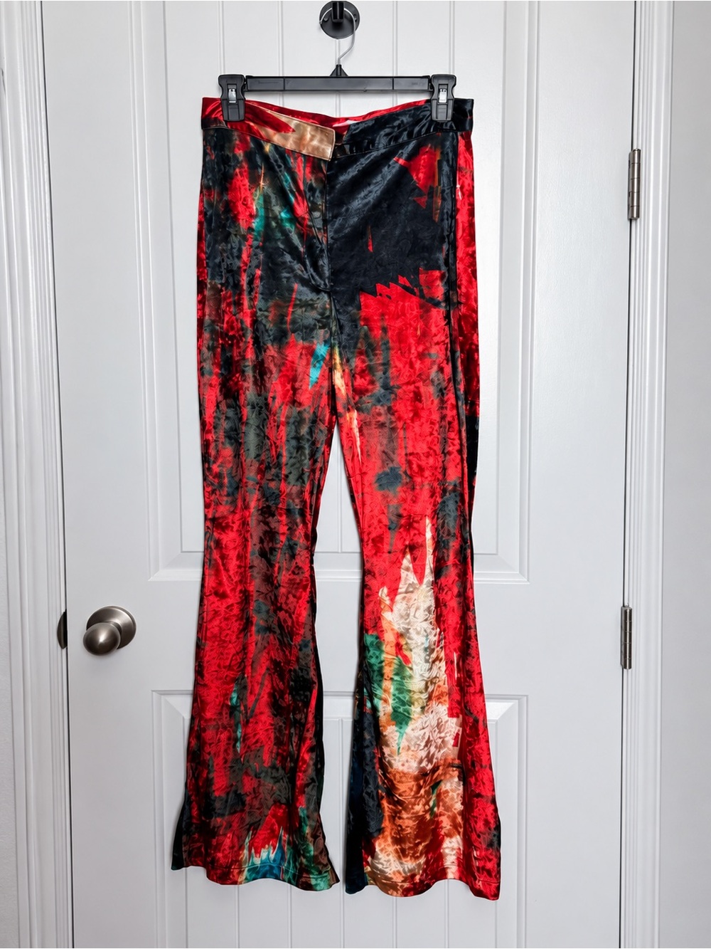Rendoll Santana Velvet Trousers Abstract Red & Black Flare Pants US 6 Excellent - Picture 2 of 15
